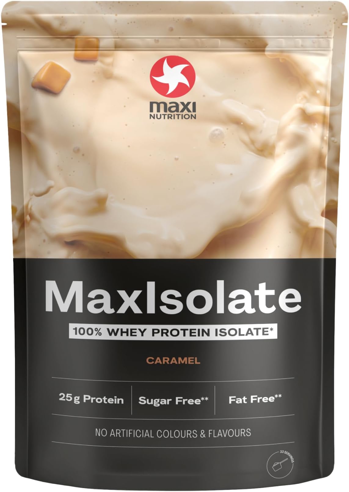MaxiNutrition - MaxIsolate, Caramel - Premium Whey Protein Isolate – Fat-Free, Sugar, Gluten & Soy-Free, Vegetarian - 25g Protein, 109 kcal per Serving, 1kg