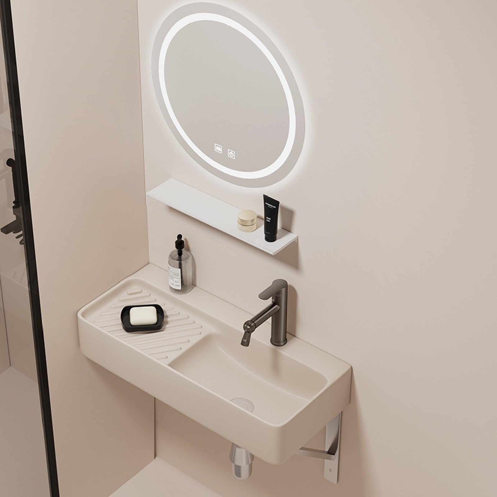 WDSOPK Wall Mount Bathroom Vessel Sink, Lengthen Ceramic Cloakroom Basin Rectangular Gloss Vanity Sink, Wall Hung Corner Washbasin, Standard Drain Holes (Beige a 80x31x13.5cm)