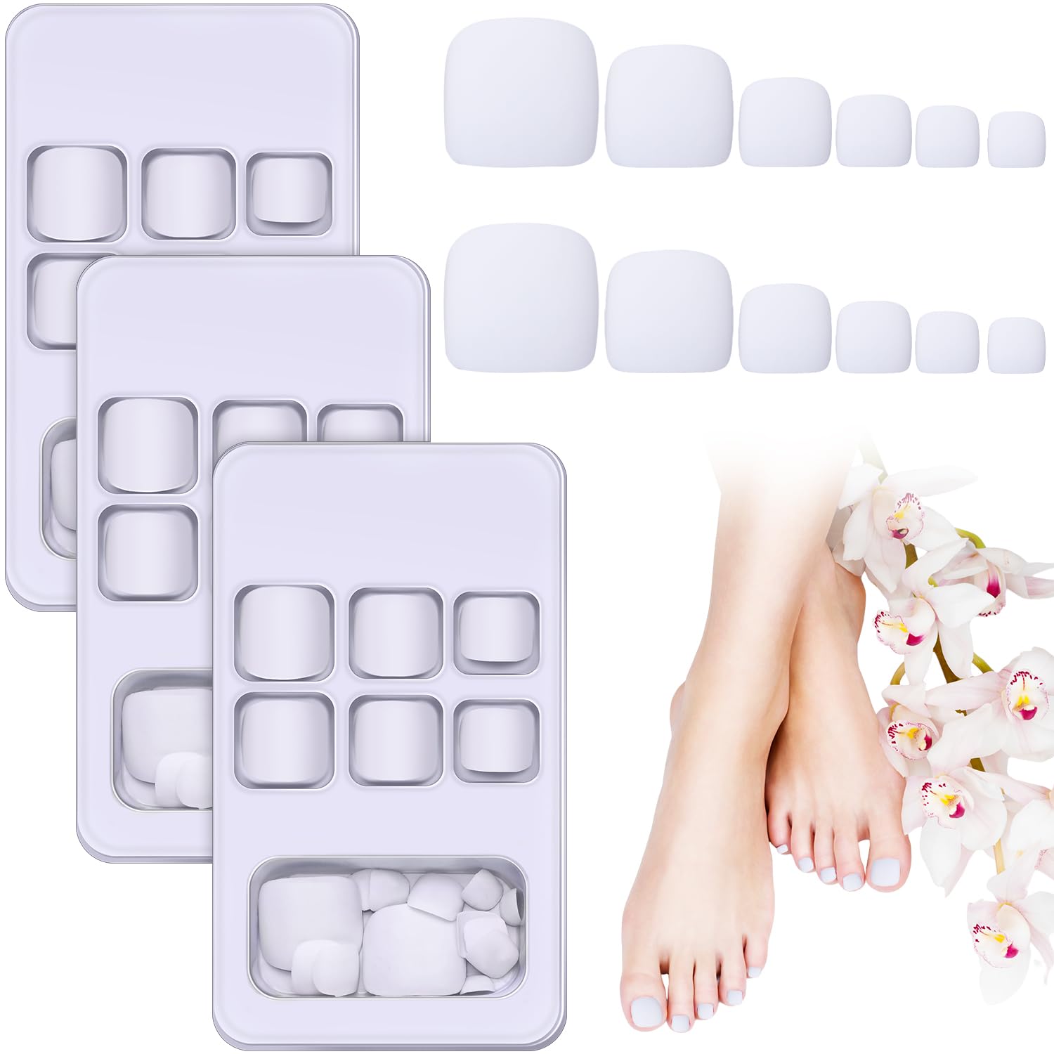 72 Piezas Uñas Postizas de Dedos de Pie Uñas de Pies Falsas Cortas Cuadradas con Pegamento para Mujeres Niñas (Blanco)