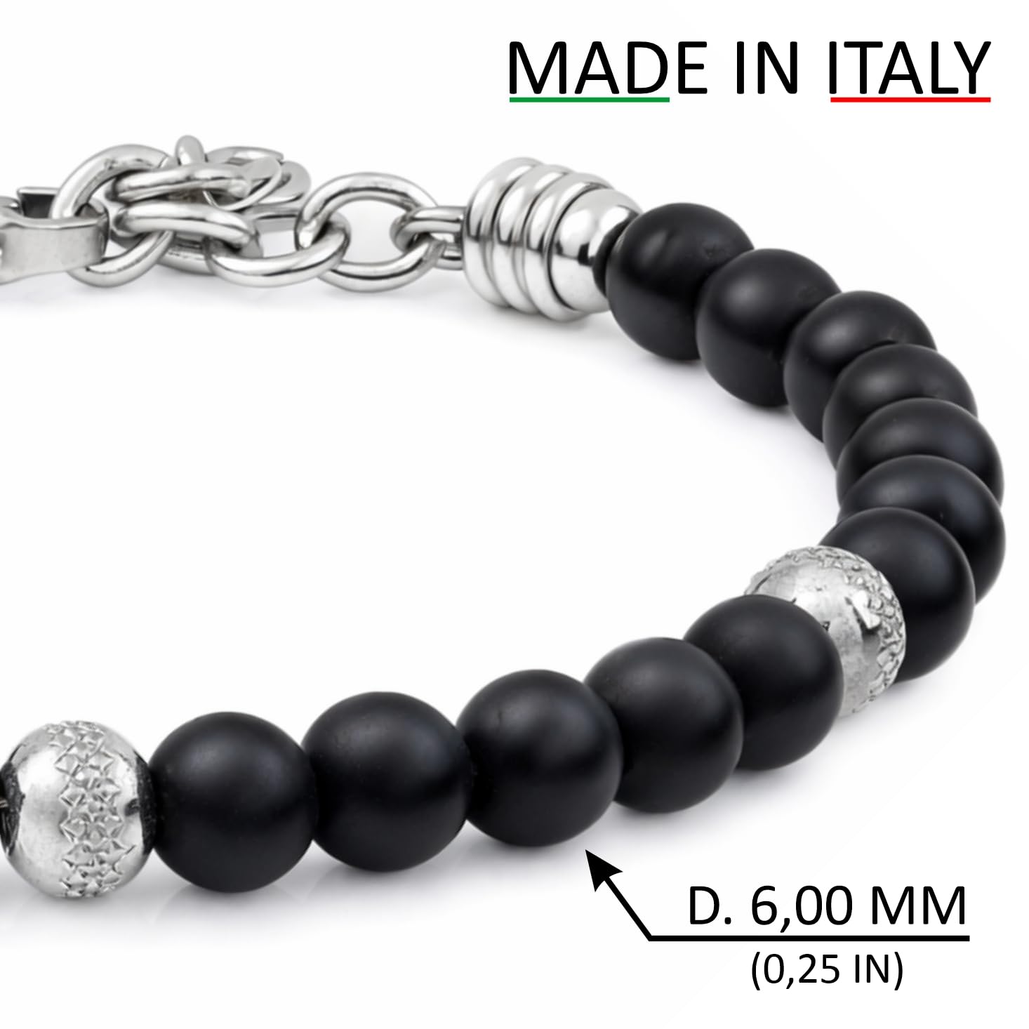 10:10 Jewels Bransoletka męska i damska z 0,64 cm naturalnymi czarnymi kamieniami, bransoletka męska lub damska z diamentowymi koralikami ze stali nierdzewnej i bardzo wytrzymała, wyprodukowana we