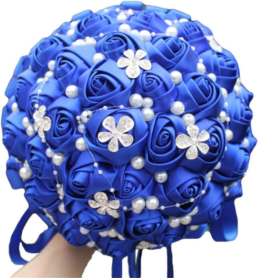 Brooch Bouquet 7" Wedding Bouquet Satin Rose Bride Bridesmaid Artificial Pearls Satin Ribbons Custom-Made Wedding Floral Bouquet Centerpiece Arrangement, Royal Blue Bouquet