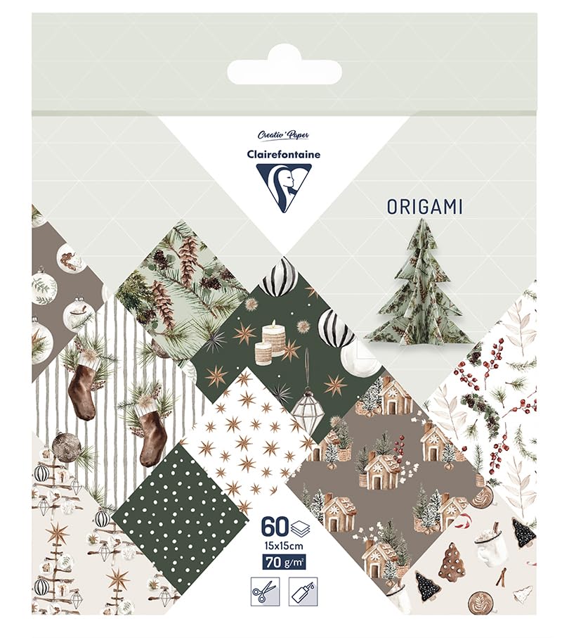 Clairefontaine 95638C, 60 Feuilles de Papier Origami 70 g/m² collection Noël Cosy, formato de 15 x 15 cm, 30 otifs coloridos, absorção de 2 pés para adultos, e crianças