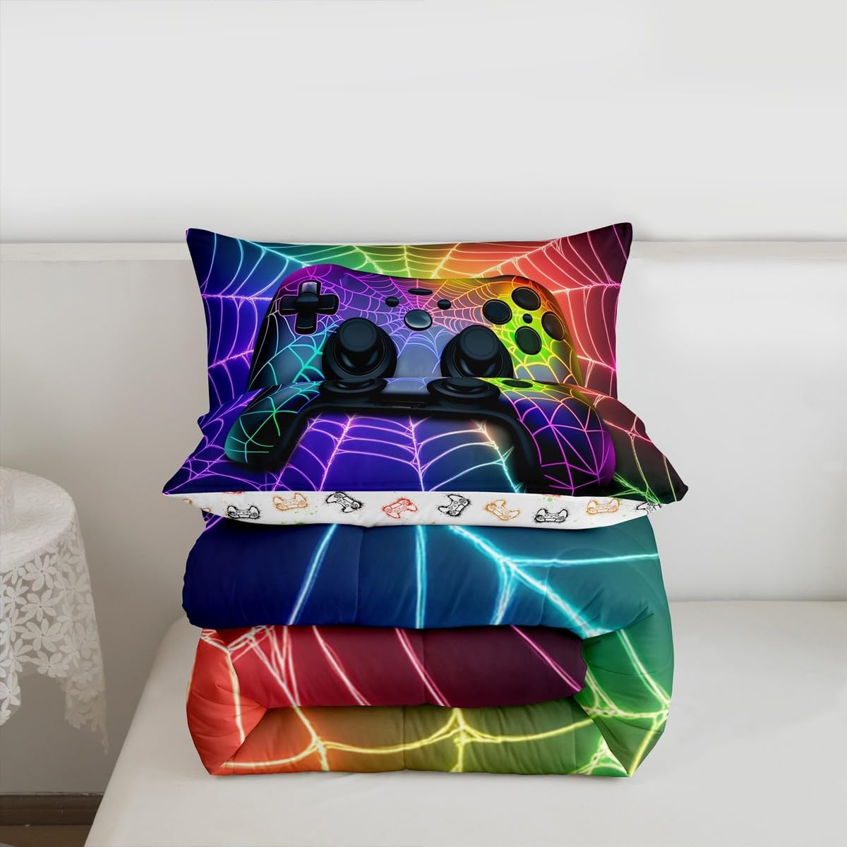 Gamer Bedding Set Rainbow Spider Web Kids Bedding Sets for Boys,Ball Game Consoles Boys Bedding Gothic Cobweb Sports Bedding Sets for Boy Queen,Gaming Decor for Boy Bedroom Decor Gamer Gifts