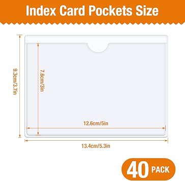 40 PCS Index Card Pockets, Self Adhesive Card Pockets 3X5 with Top Open, Clear Label Pockets for Storage Bins, Plastic Labels Holders for Organizing, Loading, Drawer,Library Card, Totes (3X5)