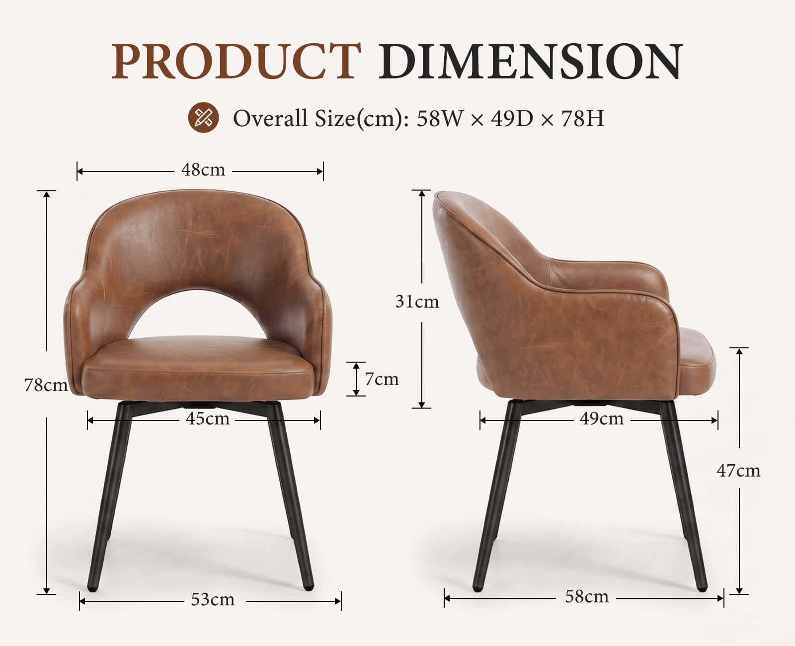 Ya-Home Juego de 2 Sillas de Comedor Silla Cocina Giratoria,Marrón | PU Cuero, Giro 360, Patas Metal, Cojín Comodo , Brazos y Respaldo Hueca, Antideslizante, para Hogar/Restaurante, MAX 113KG