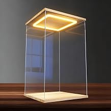 4 8 12 16 20 24 in, Plastic Lighted Display Case with Door, Wooden Grain Large Acrylic Storage Box, Dustproof Countertop Showcase for Collectibles10x10x40cm/4x4x16in