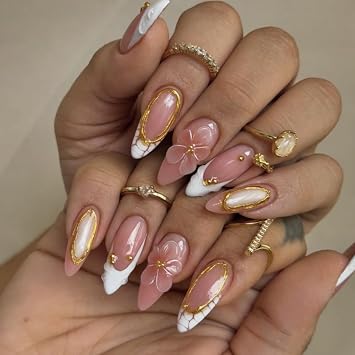 French Flower Pearl Press On Nails Medium Length Almond, Rock pattern 3D Floar Gold Line Designer Fake Nails, Reusable Thick Acrylic False Nail for Women Girls, Gift Kit No Glue Included