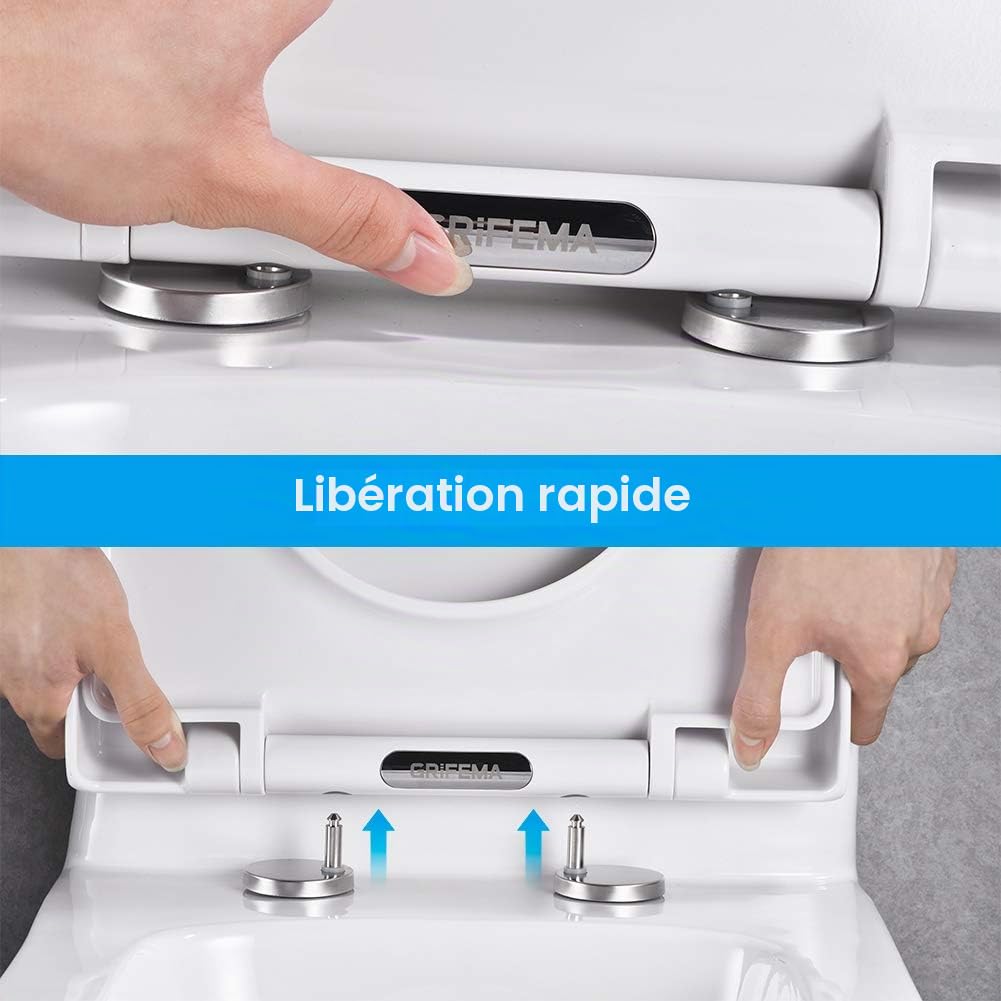 GRIFEMA G952, Abattant WC Forme O, Cuvette Toilette avec Frein de Chute, Lunette WC avec Fermeture & Ibergrif Brosse WC Silicone Plate- Brosse Toilette et Supports, Anti-goutte, Antibactérienne