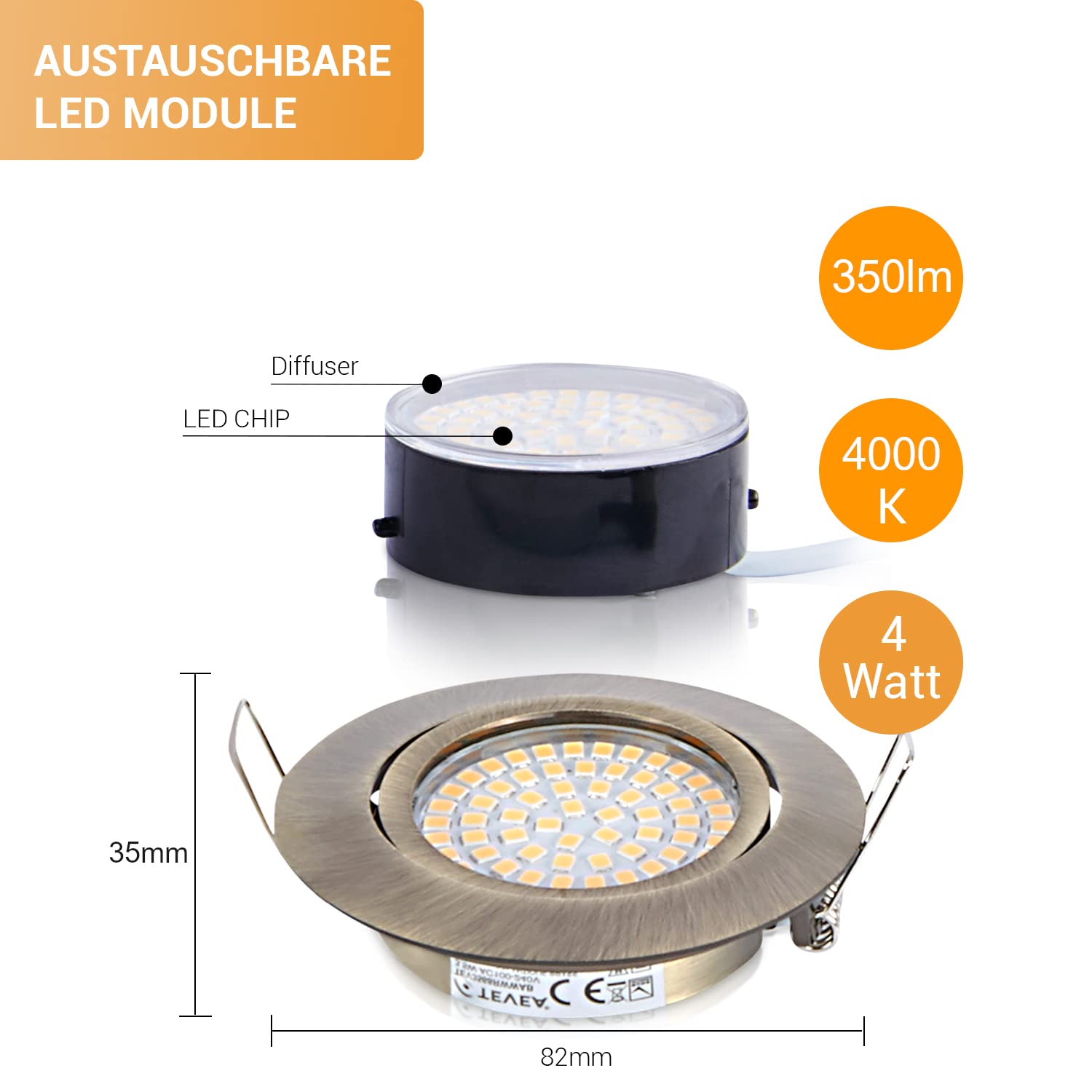 TEVEA Ultra Flach DIMMBAR Einbaustrahler - Schwarz Matt - 4W 230V LED Module austauschbar- Einbauspots - Einbauleuchten - 5er Pack (Neutralweiß - 4000K)