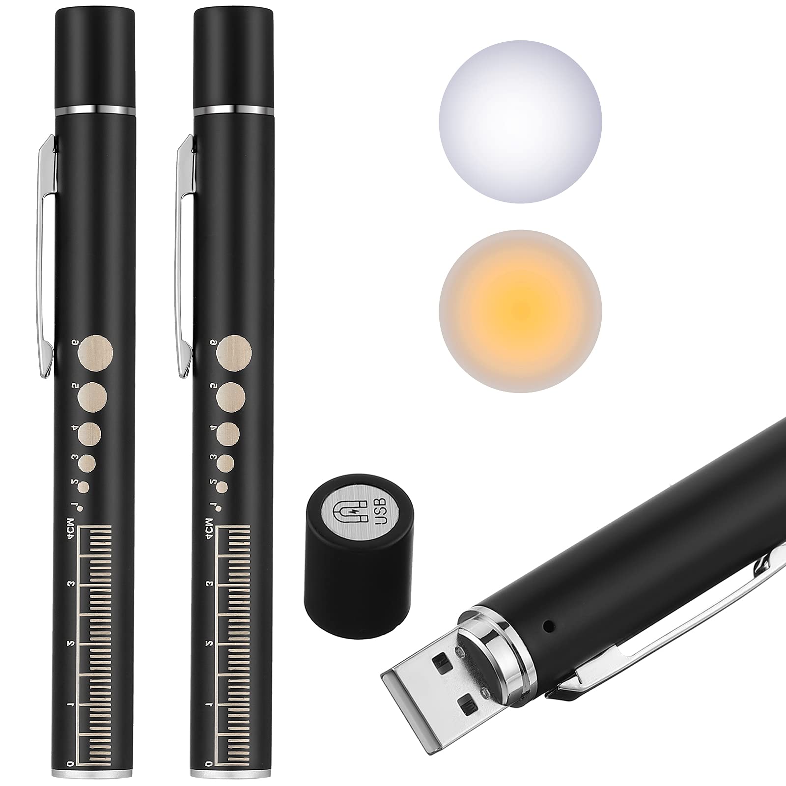 Honoson Pen Light, Reusable LED Penlight for Students Doctors Nurses with 2 Light LED Sources, USB Rechargeable, Extra Warm Light Bulb, Pocket Clip (Black,2 Pieces)