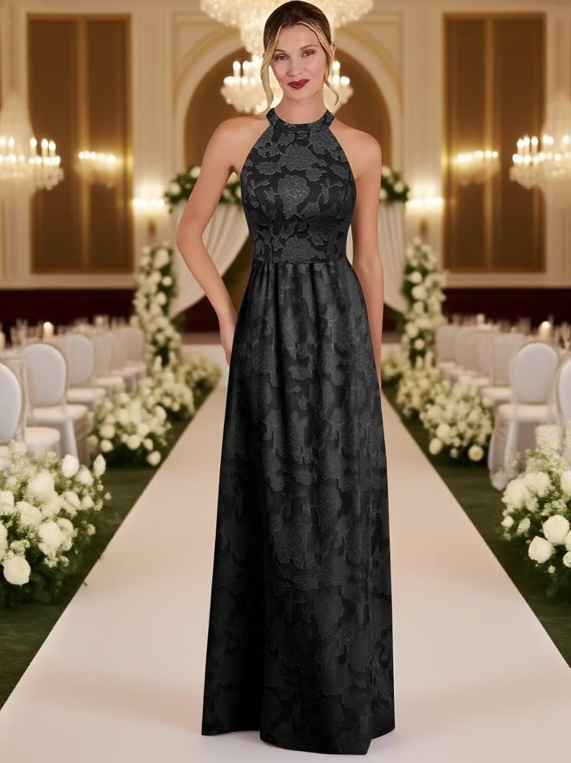 UZN Floral Satin Bridesmaid Dresses for Women 2026 Halter Sleeveless A Line Formal Evening Party Gowns Long - Image 5