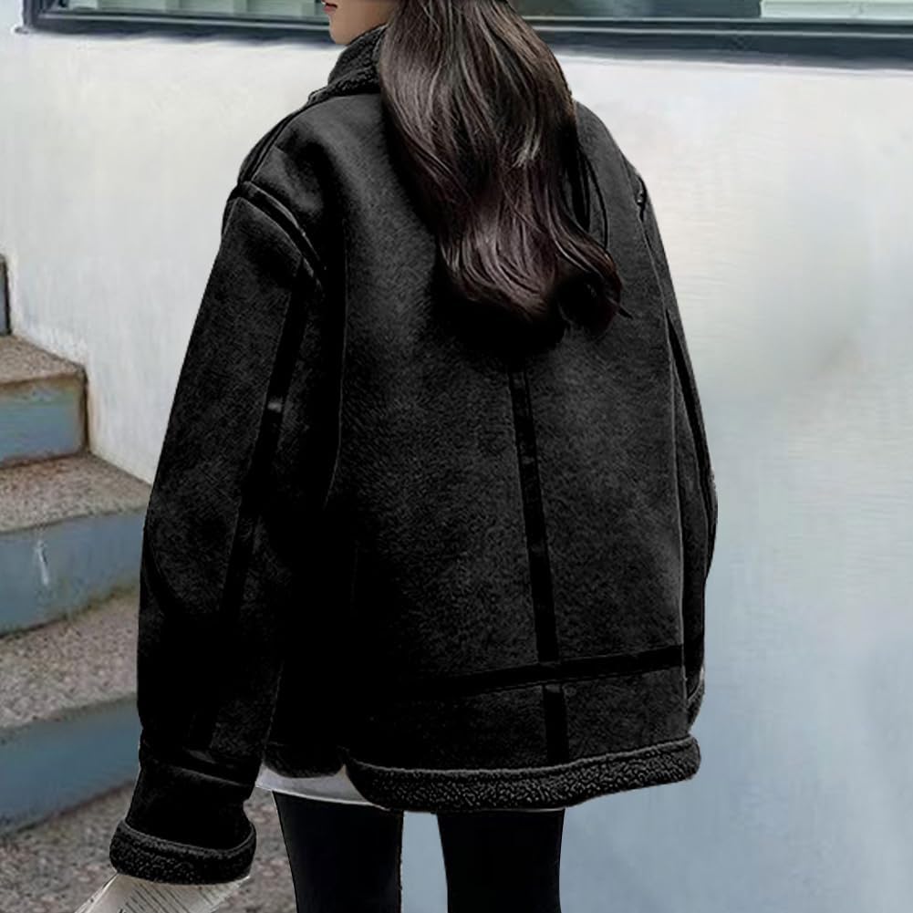 loveimgs Women Oversized Faux Suede Moto Jacket Sherpa Fleece Lined Leather Jacket Aviator Shearling Fur Coat Overcoat - Image 3