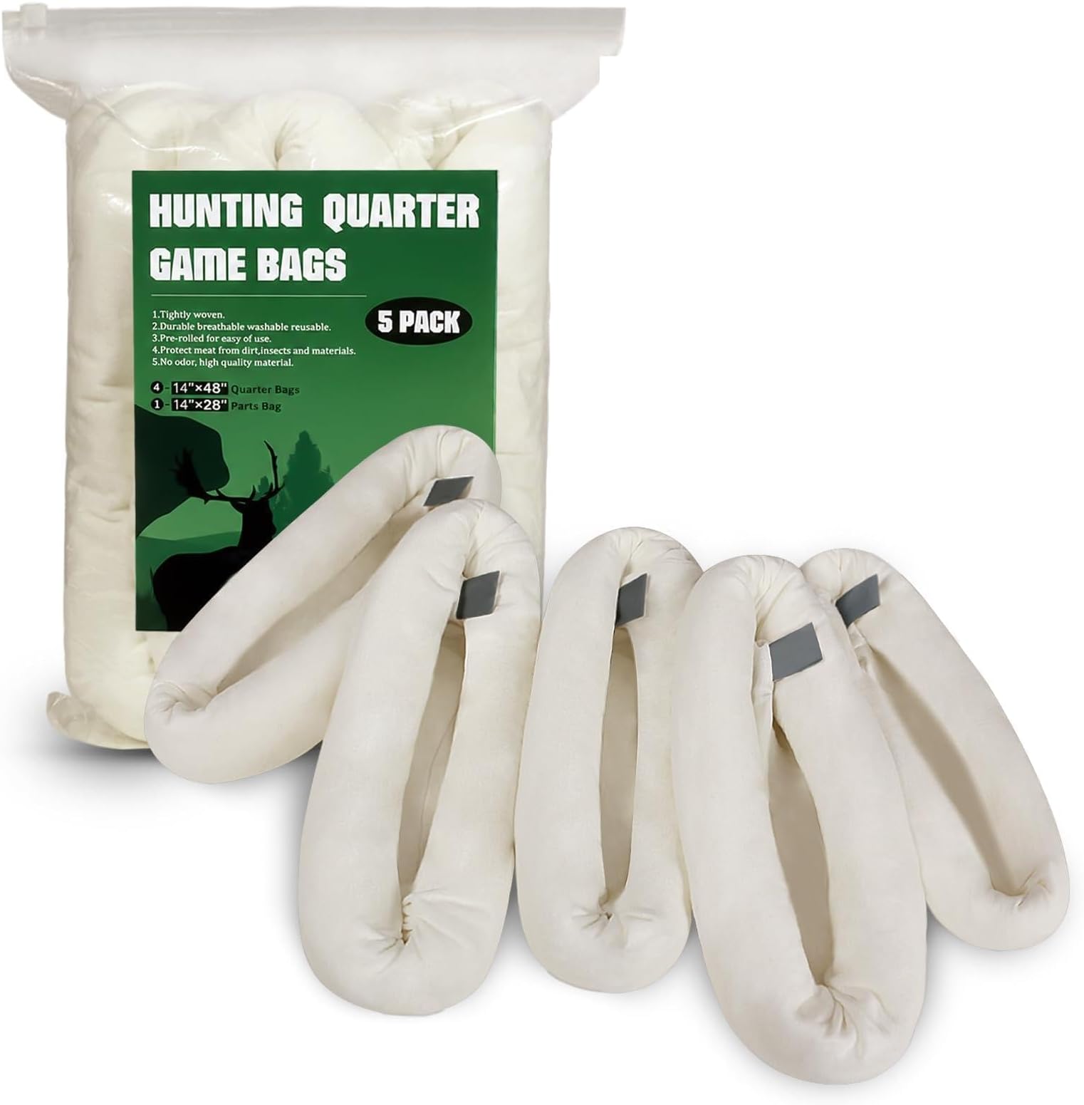 Game Bags Elk Hunting Meat Bags, 48inch/60inch 5-Pack Rolled Heavy Duty Quarter Bags, Reusable & Breathable Meat Game Bags with Reflective Strip for Elk, Caribou, Deer, Moose, Antelope, Duck