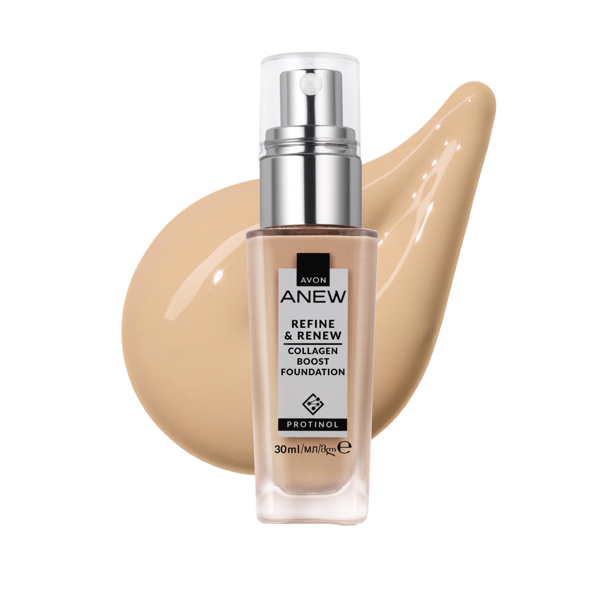 AVON Anew Protinol Refine & Renew Foundation SPF30, 30ml, Collagen Boosting, Buildable, Resilient, Plumper & Firming-Looking Complexion, Undetectable, Lightweight & Radiant Finish & Feel, 125G