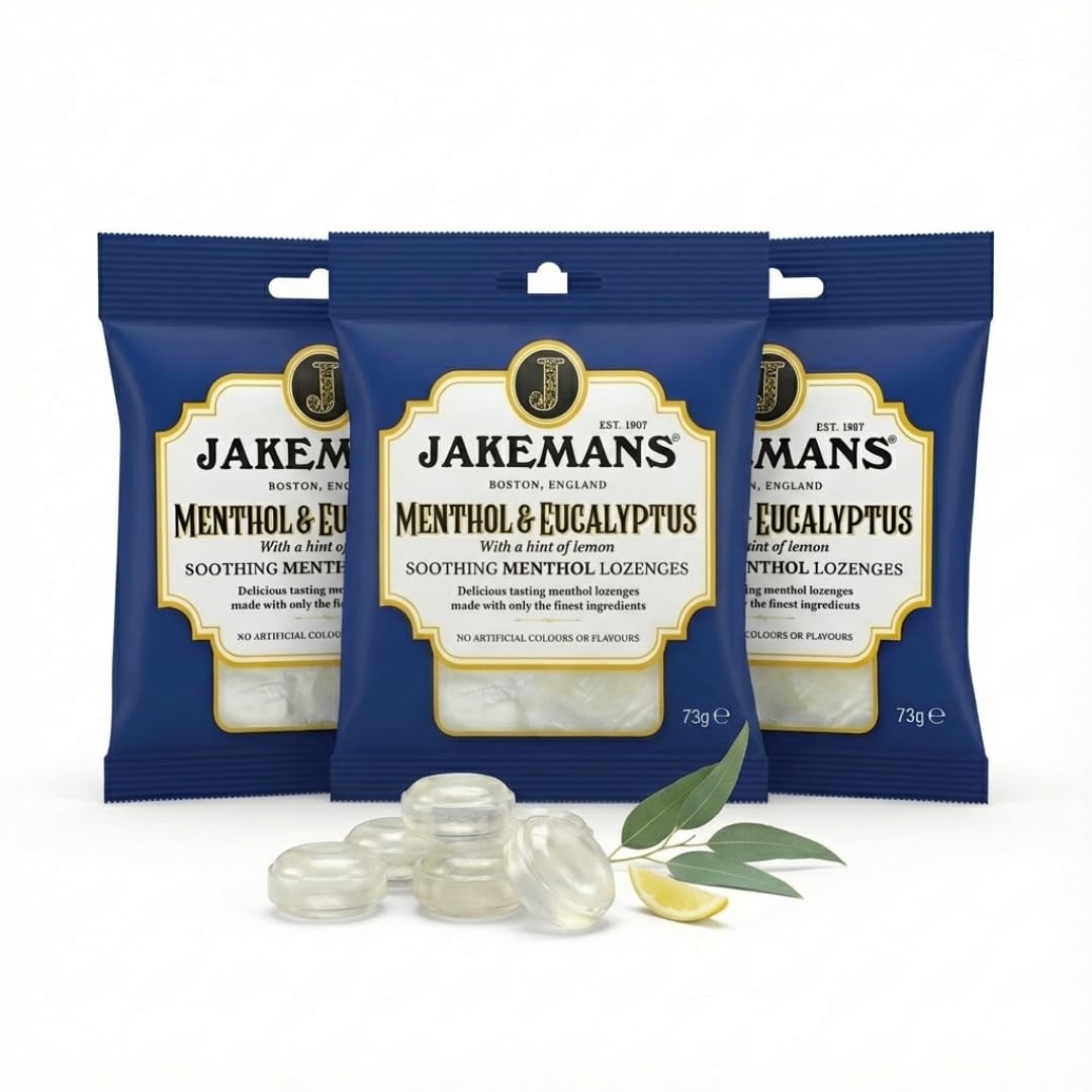 Jakemans Menthol & Eucalyptus Boiled Sweets 3 x 73g - Traditional Hard Candy with Natural Flavour - Vegetarian, No Artificial Colours or Flavours