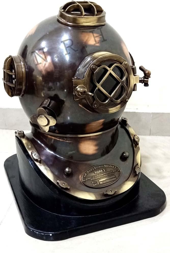 18" Antique Oil Rubbed Finish Scuba Diving Helmet | US Navy Mark V Deep Marine Divers Sea Maritime Wooden Base Nautical Decor