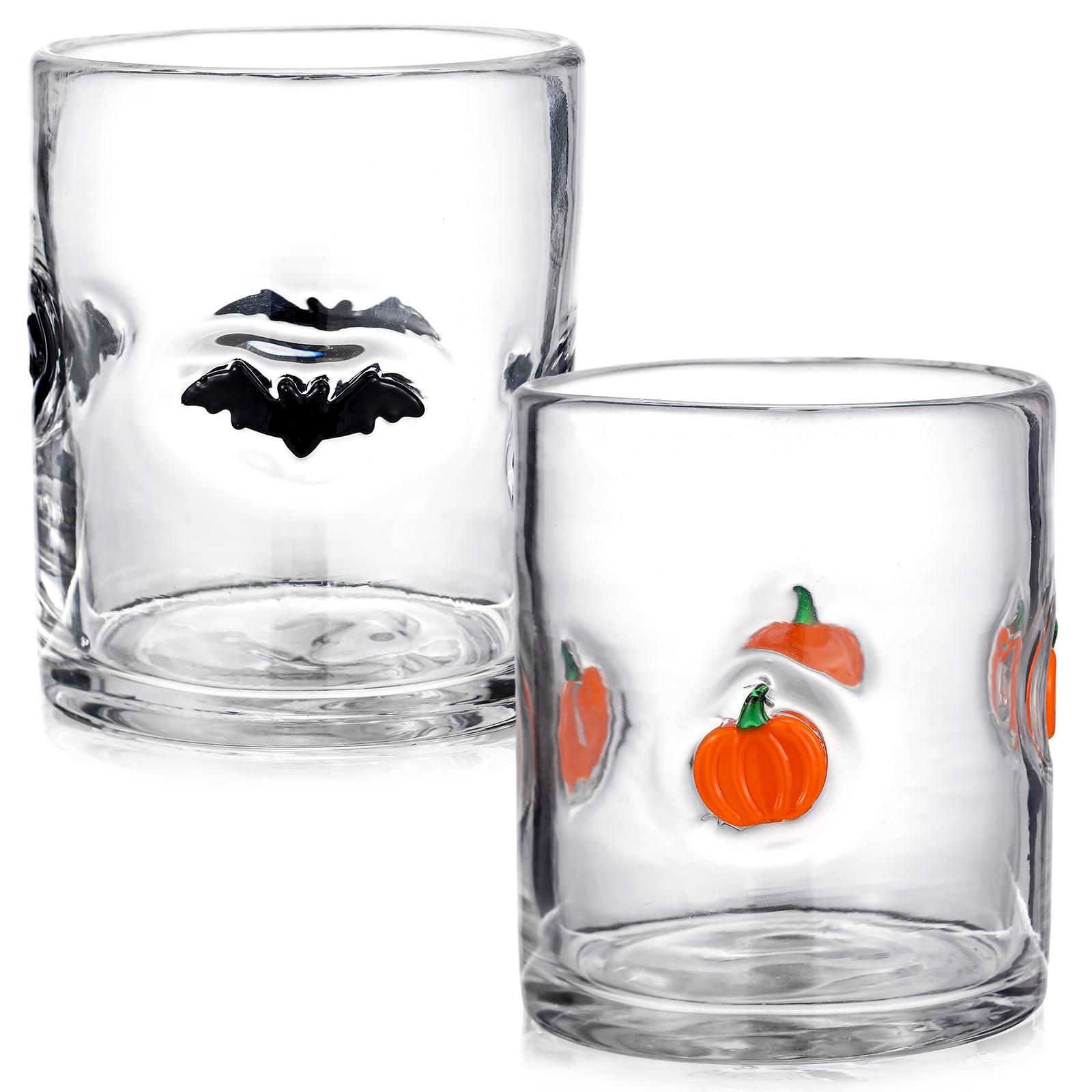 2 Pcs Halloween Icon Juice Glasses 14 oz Bat and Pumpkin Glass Cups Double Old Fashioned Hand Blown Drinking Cups for Halloween Party Decor Lovely Gifts