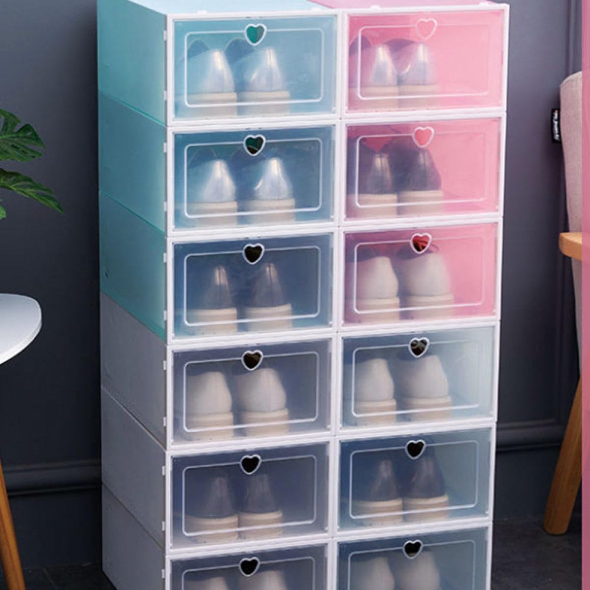 6pcs Plastic Drawer Shoe Storage Boxes for Women 31x21.5x12.5cm, Large Capacity Creative Shoes Organizer in Blue Heart Design for Closet and Entryway