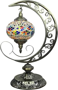 6 Colors Turkish Mosaic Moon Table Lights Moroccan Handmade Retro Desk Lights Bohemian Decorative Bedside Night Lamps for Bedroom Kids Room Restaurant Cafe Bar,B
