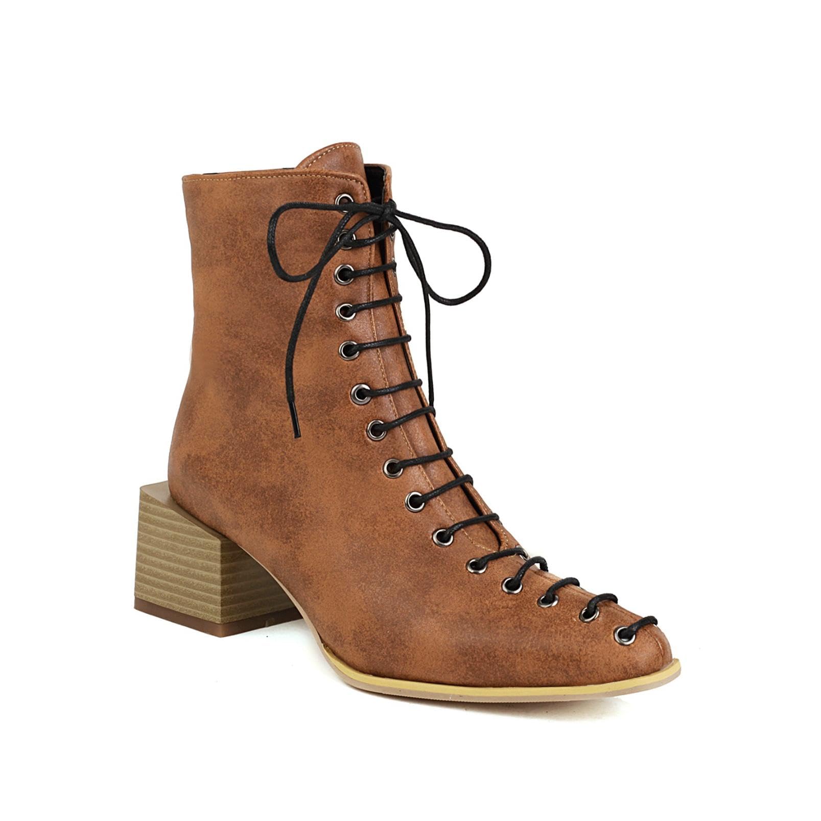 Womens Lace Up Ankle Boots Synthetic Material Snakeskin Crocodile Denim Mix Pointed Toe Block Heels Comfortable Non Slip