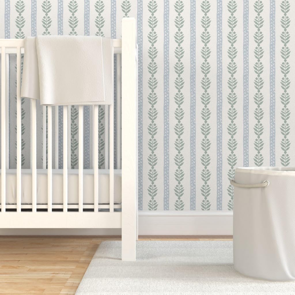 Removable Wallpaper Swatch - Blue Regency Stripe Neutral Traditional Soft Blue Pastel Green Cottagecore Grandmillenial Custom Pre-Pasted Wallpaper by Spoonflower