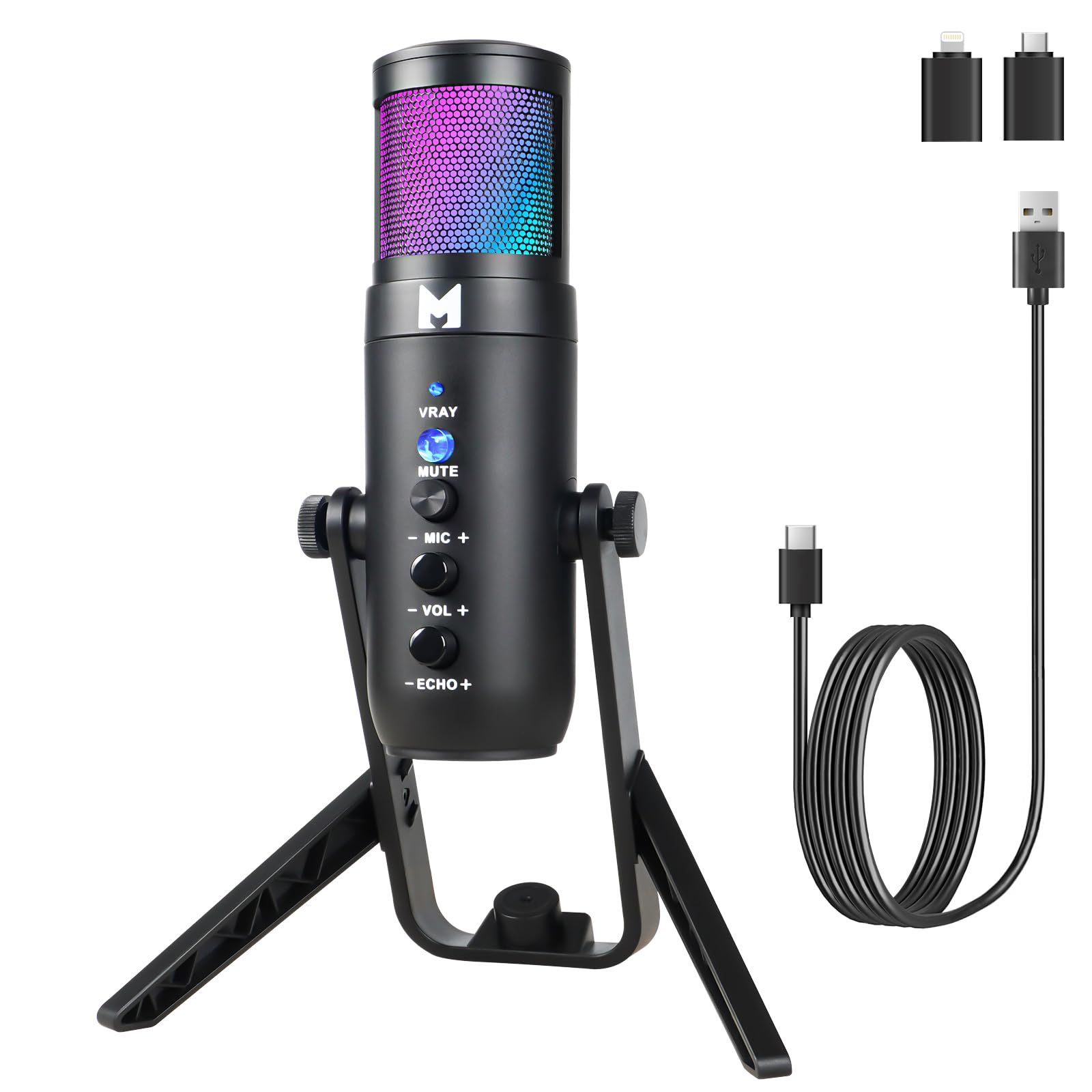 Mikrofon USB do komputera, mikrofon gamingowy do strumieniowego przesyłania podcastów, mikrofon kondensatorowy USB C ze sterowaniem RGB, kompatybilny z telefonami komórkowymi, komputerami,