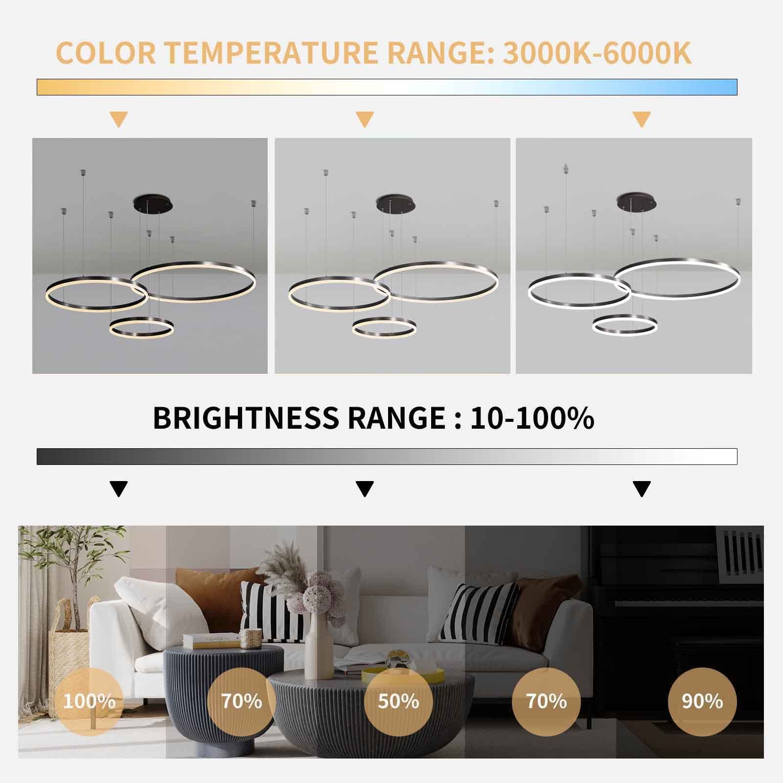 Moderne LED Pendelleuchte, 3-Ringe Kollektion, Black Farbe, Verstellbarer HäNgeleuchter, Moderne Deckenleuchte, mit Fernbedienung Dimmbar, 3000k - 6000k, mit Speicherfunktion, 68w