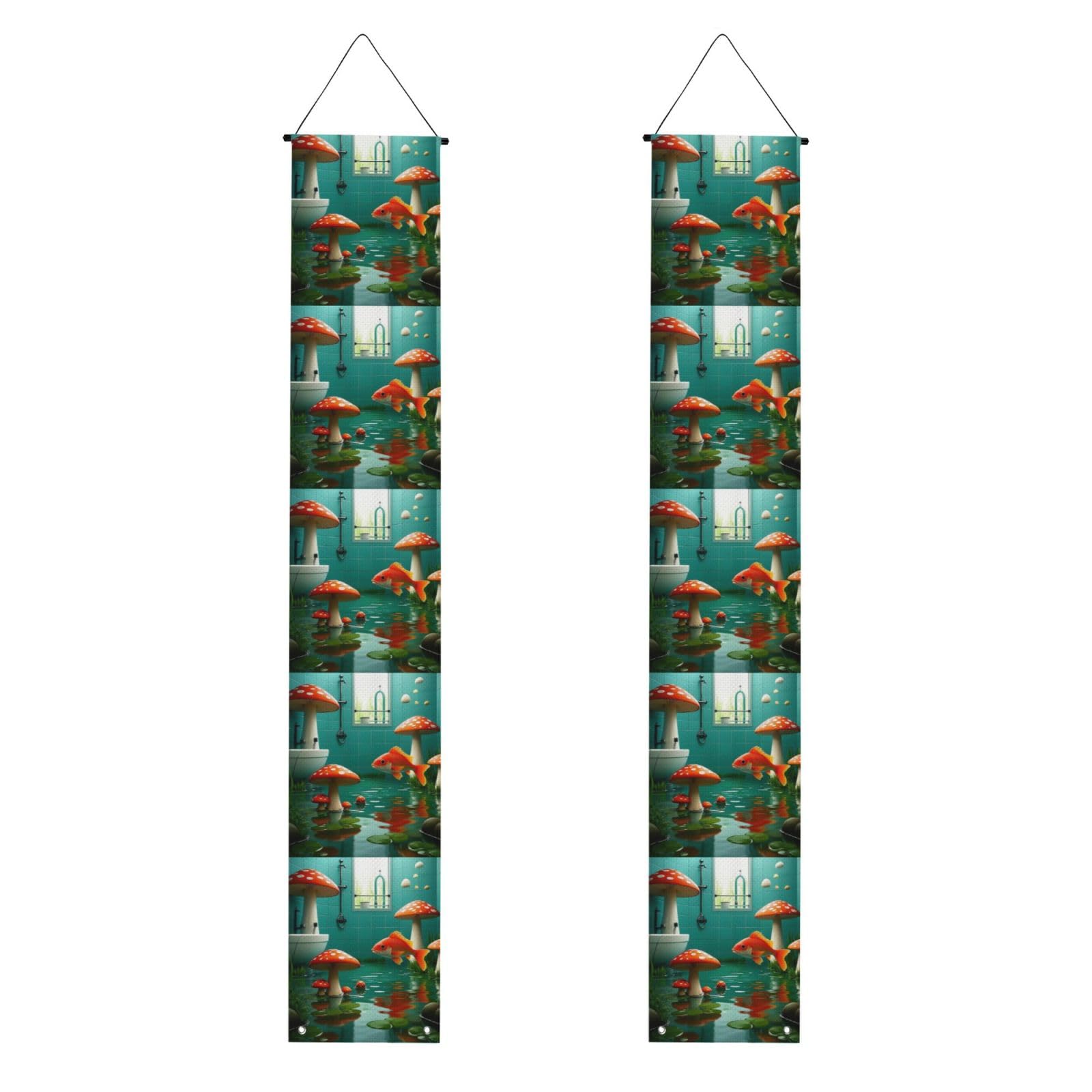 Redfish and Mushroom Fantasy River Belt Ponds Porch Banner 2PCS, Summer Hanging Flag Party Porch Sign Front Door Hanging Decorations for Indoor Outdoor Holiday Yard Decor Wall Backdrop 71 x 12 Inch