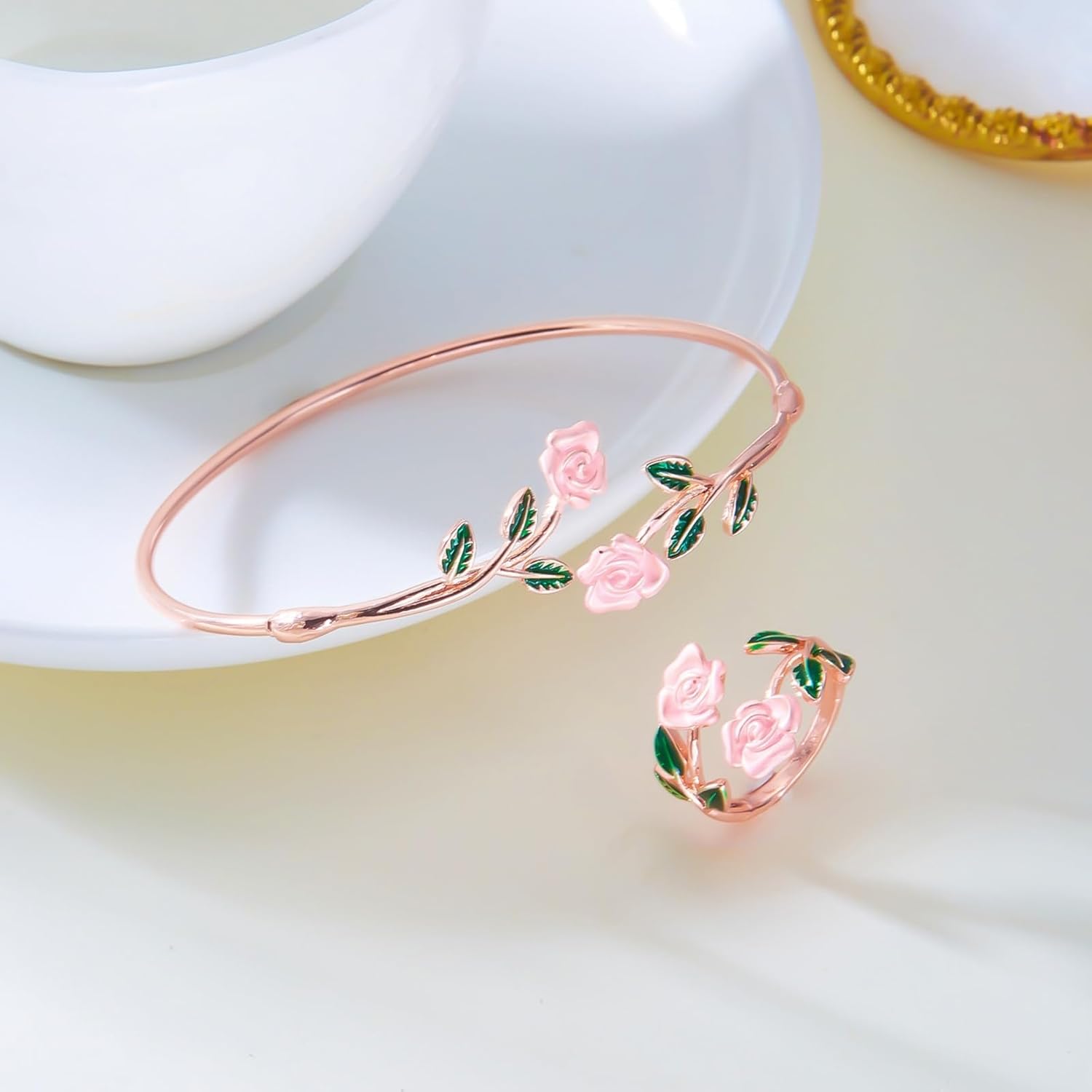 2pcs Rose Bracelet Ring Set for Women Fashion Dainty Red Rose Flower Green Leaf Open Cuff Adjustable Bracelets Rings Personalized Romantic Wedding Valentine's Day Jewelry Gift - Image 5