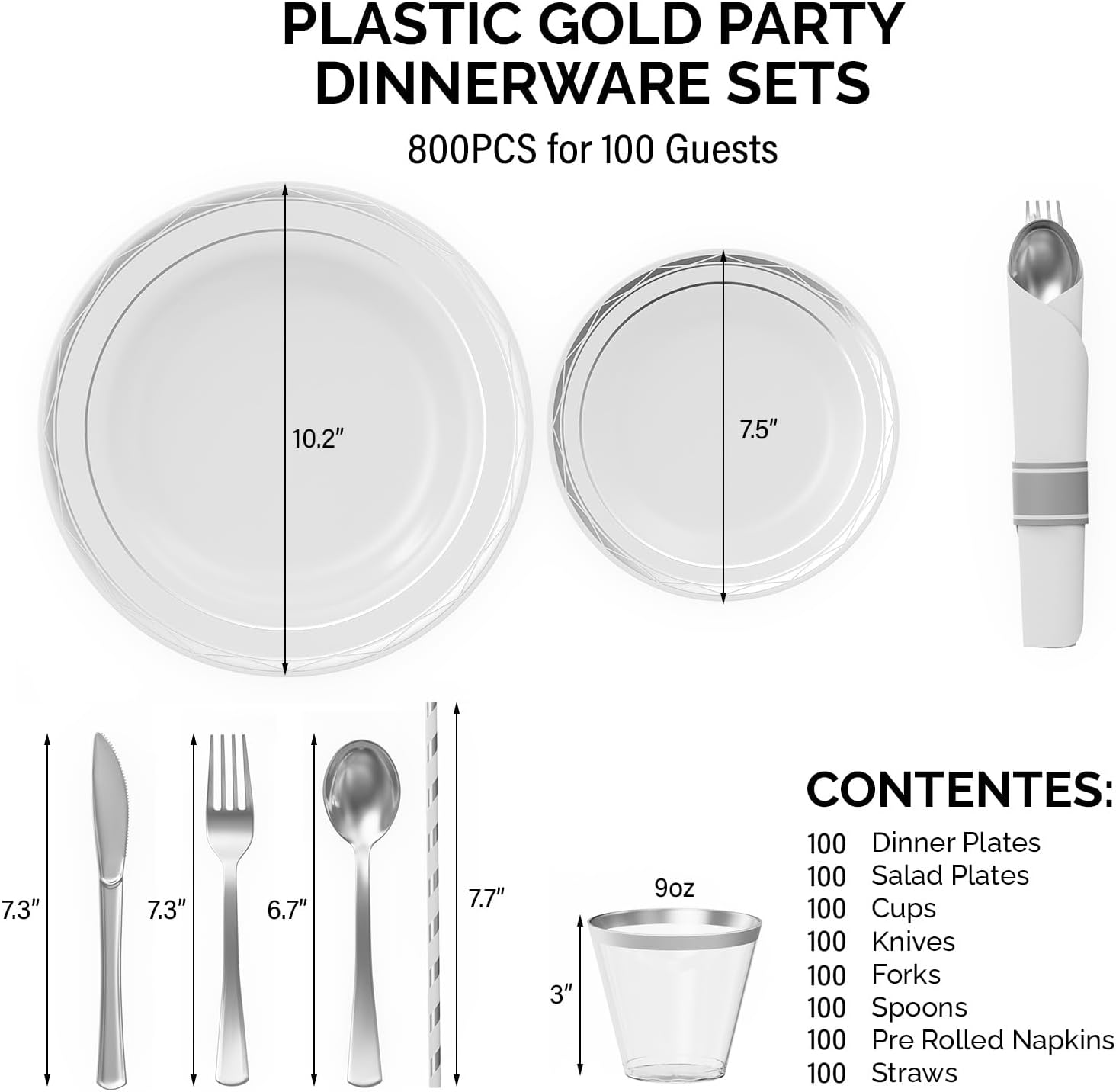 ROVSUN 800-Piece Silver Disposable Dinnerware Set for 100 Guests - Elegant Plastic Plates, Napkins, Silverware, Dessert Plates, Cups, Straws - Image 8