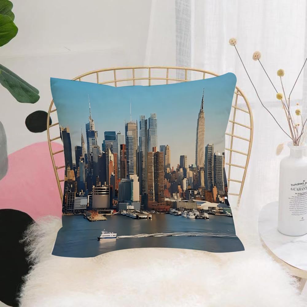 Hyosxw New York, Hudson River, Skyline, Empire Stat - A7 Cushion Cover,Throw Pillow Case Home Decorative For Living Room Bedroom Sofa Chair 18X18 Inch,New York, Hudson River, Skyline, Empire State Building, Ships, Clouds,Pillowcase 45X45cm