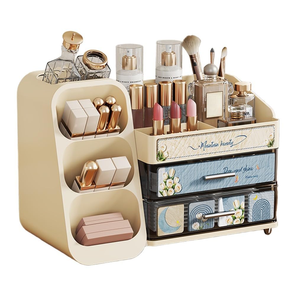 Boîte de rangement pour cosmétiques avec tiroirs, design superposé, anti-poussière, concept ouvert pour pinceaux de maquillage, parfums, coiffeuse de bureau