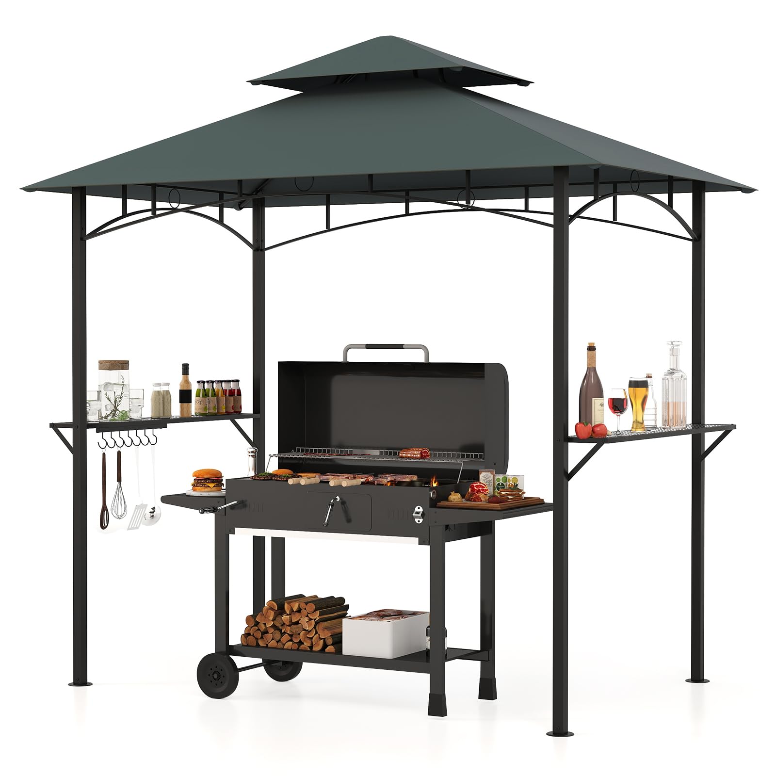 COSTWAY Gazebo per Barbecue 240 x 151 cm, Pergola per BBQ con con 2 Ripiani, 7 Ganci, Struttura in Metallo e Tetto Morbido, Tenda per Picnic e Barbecue per Giardino, Piscina e Terrazza (Grigio)