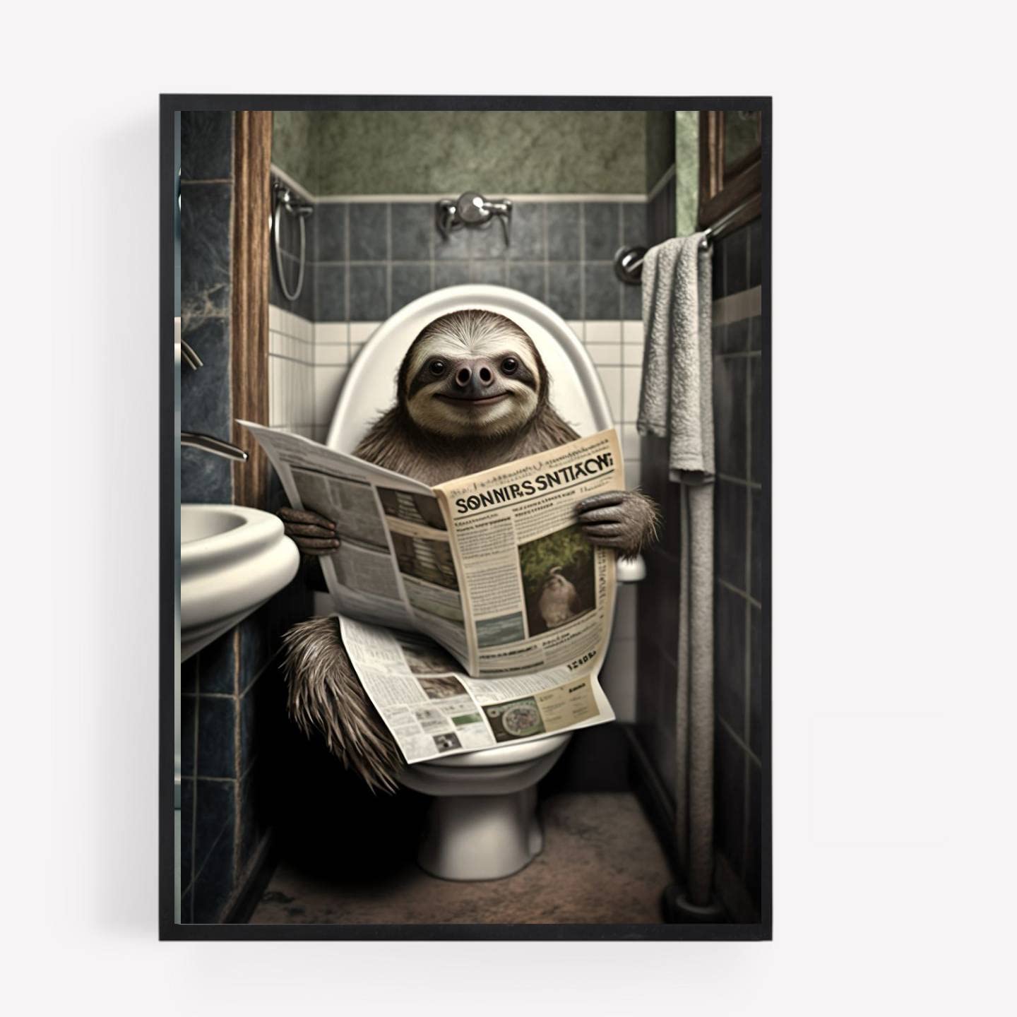 Gfc Monochromatic Funny Bathroom Toilet Animal Print Picture Poster Sloth On A Toilet Reading Newspaper A4 Unframed Wall Art Home Decor Decorating