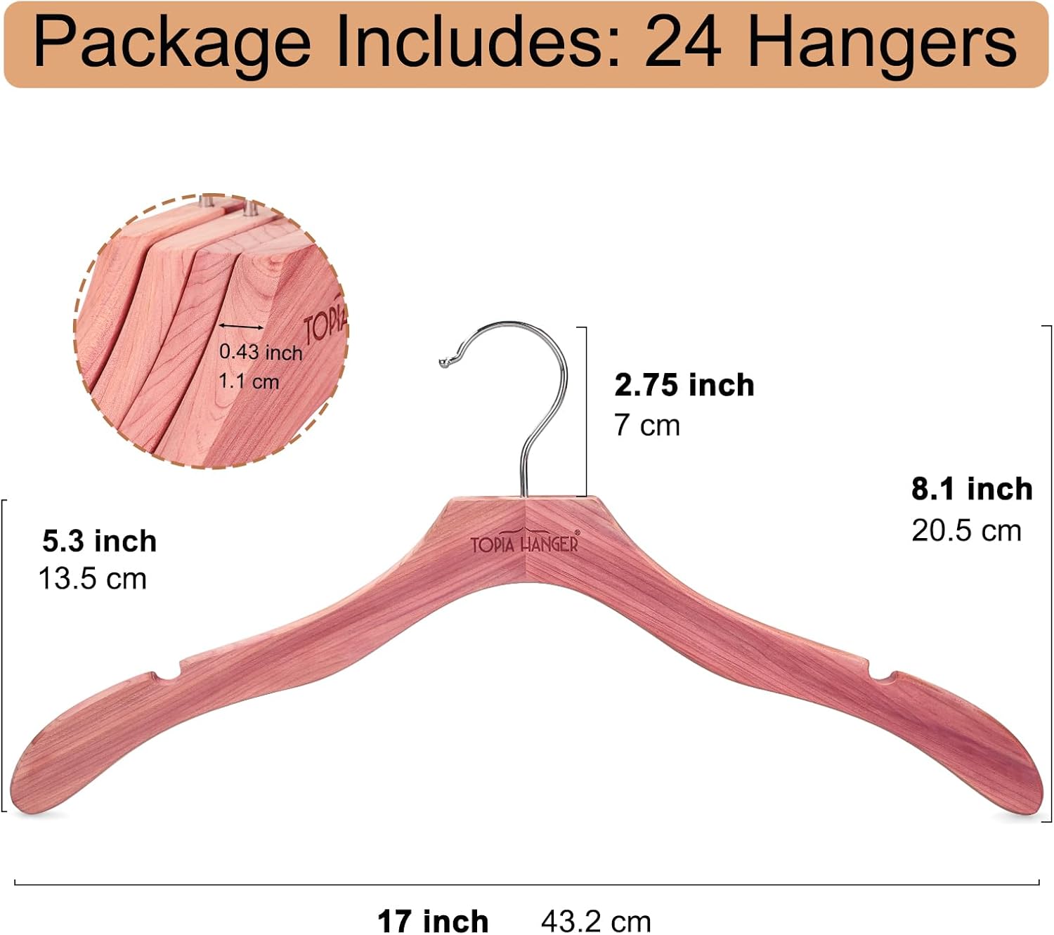 TOPIA HANGER Red Cedar Wooden Hangers 24 Pack, Premium Sweater Hangers No Shoulder Bump, 360° Swivel Hook and Cut Notches Clothes Hangers for Sweater, Coat, Shirts, Jackets, Dress, CT85C