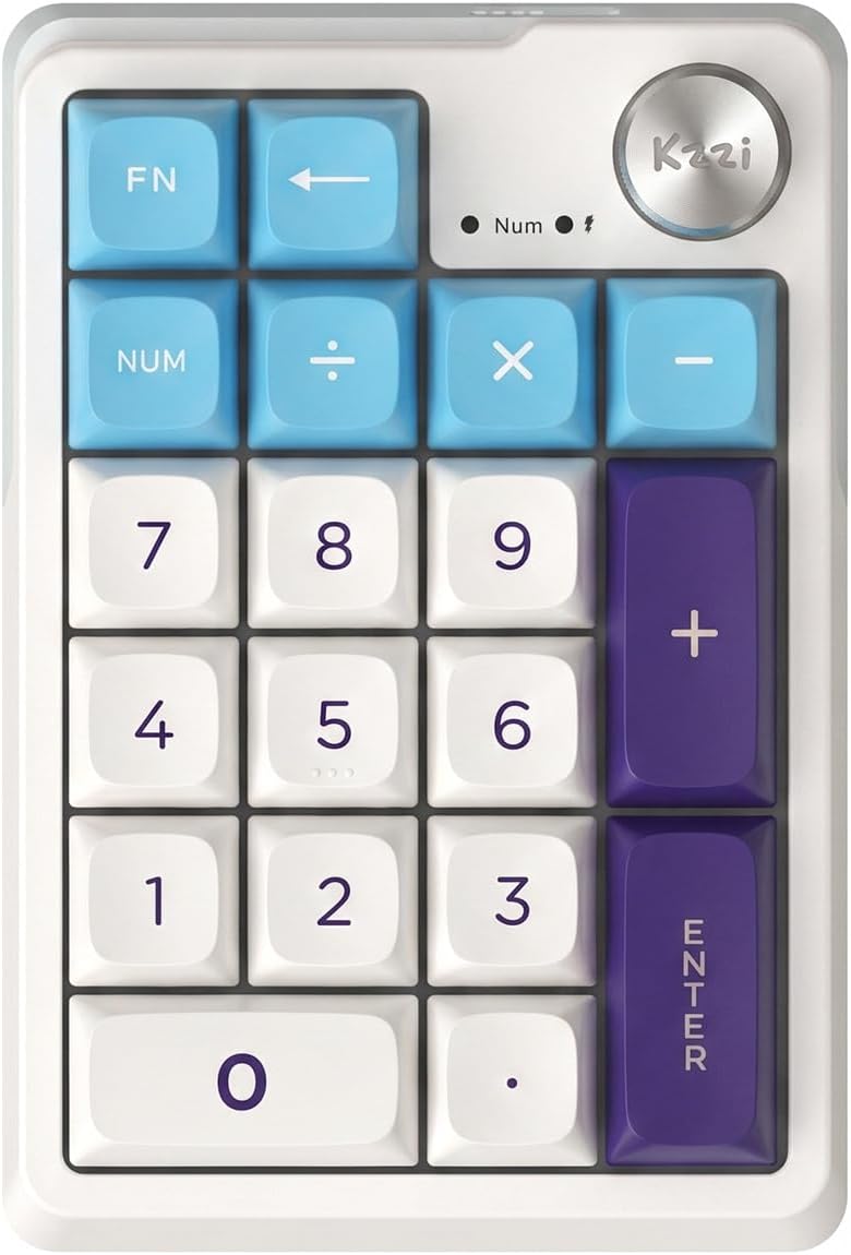 KZZI K20 Wireless Mechanical Number Pad – Rechargeable Tri-Mode Numeric Keypad (Bluetooth/2.4G/USB-C), RGB Backlight, Aluminum Knob & Hot-Swappable – White Blue