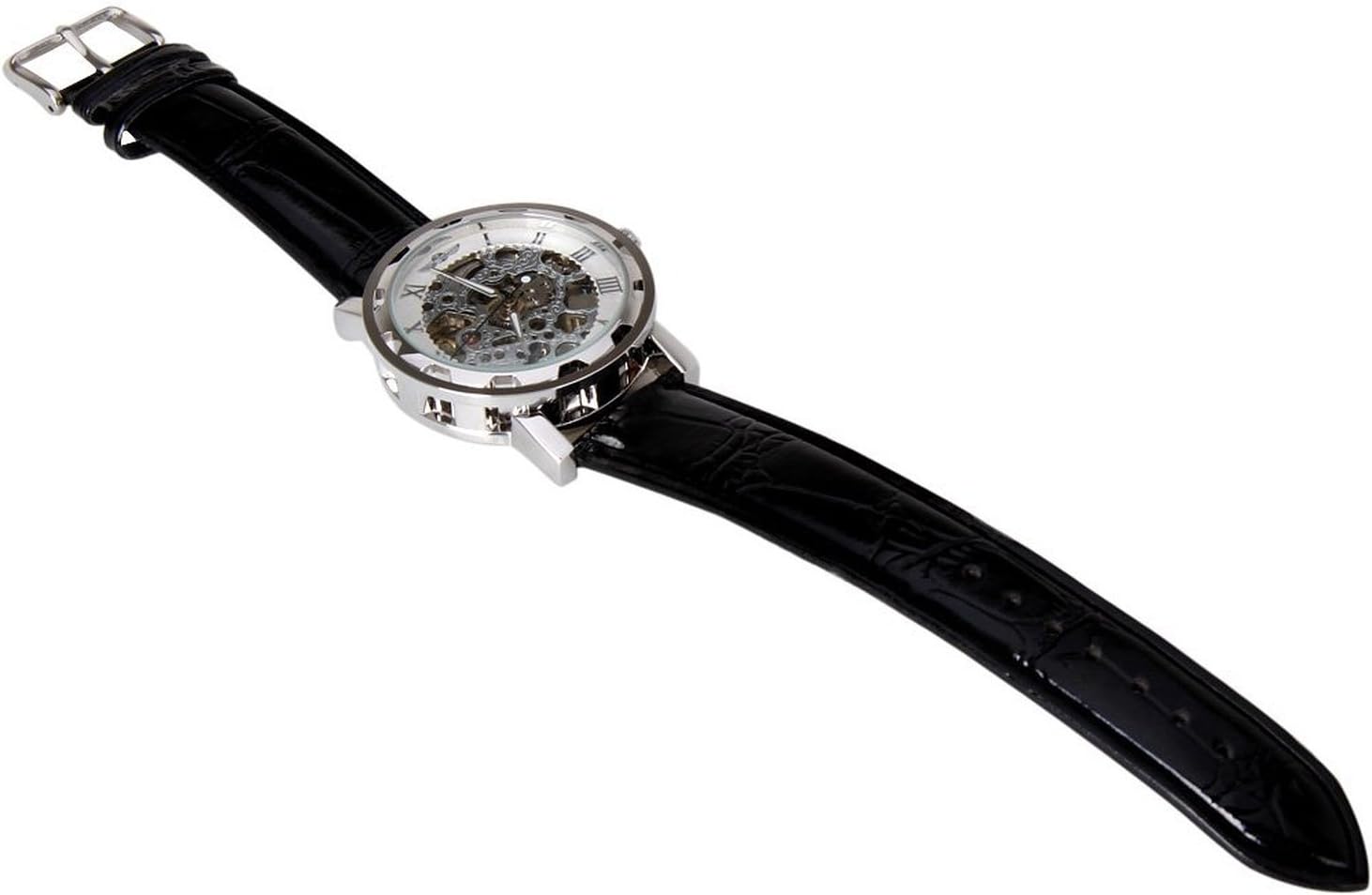 MASTOP Unisex Black Leather Stylish White Skeleton Dial Hand-Wind Up Mechanical Casual Wrist Watch - Image 5