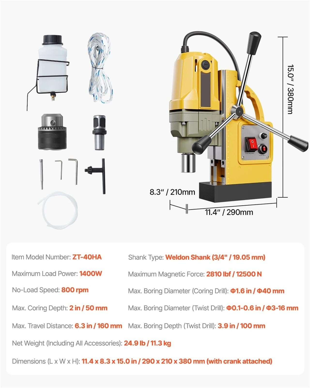 Taladro de Columna, Taladro magnético portátil con diámetro de perforación, Prensa de Taladro magnético for Superficies metálicas, Mejora Industrial.(1400W 40mm)