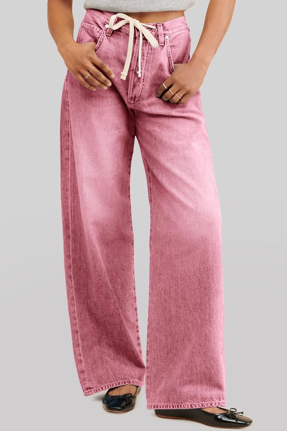 Cicy Bell Womens Wide Leg Jeans Drawstring High Waisted Baggy Straight Leg Jeans Trendy Boyfriends Denim Pants with Pockets