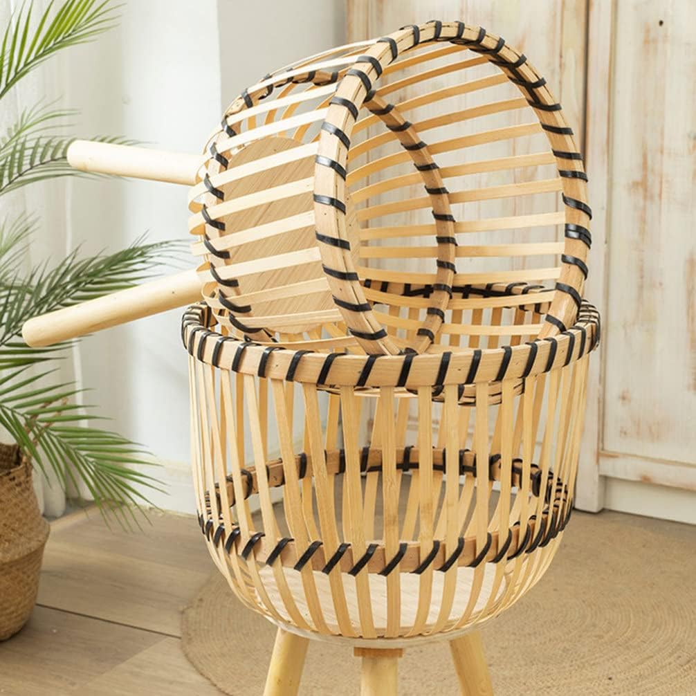 GANAZONO Woven Plant Stand Rattan Plant Pot on Wooden Standing Legs Wicker Planter Pot Tall Plant Holder Flower Riser Holder Plant Display Rack for Home