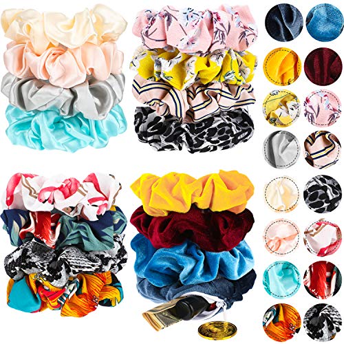16 Pieces Pocket Hair Scrunchies Velvet Hidden Pocket Hair Ties Chiffon Flowers Leopard Print Hair Bands with Zipper Pocket Satin Elastic Scrunchy Hair Accessories for Women Girls Favors
