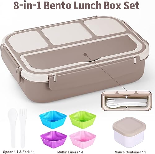 Vista 80 de Lonchera Bento para adultos, recipientes para niños y niñas con 4 compartimentos, contenedor de alimentos con utensilios, tarro de salsa, forros