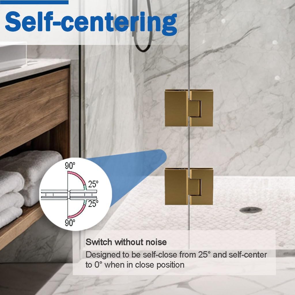 Brass Glass Door Hinge Heavy Duty Short Back Plate Hinges, Shower Door Hardware Replacement for 5/16" to 1/2" (8 to 12 mm) Tempered Glass 135° 180° (Gold, 180°)