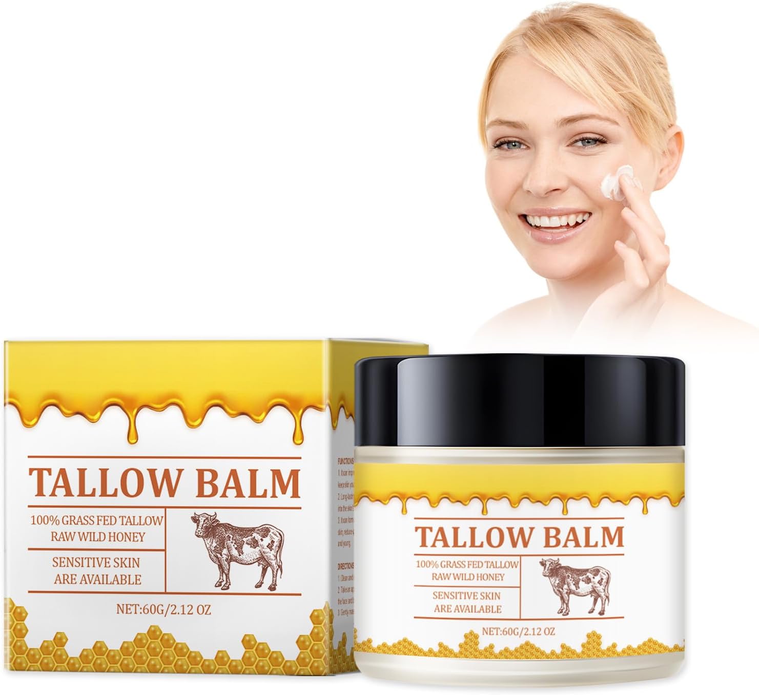 Tallow Balm Moisturiser with Beef Tallow, Beef Ointment for Skin Care, Honey Balm, Sebaceous Balm, Anti-Wrinkle for Face and Body Care, 60 g
