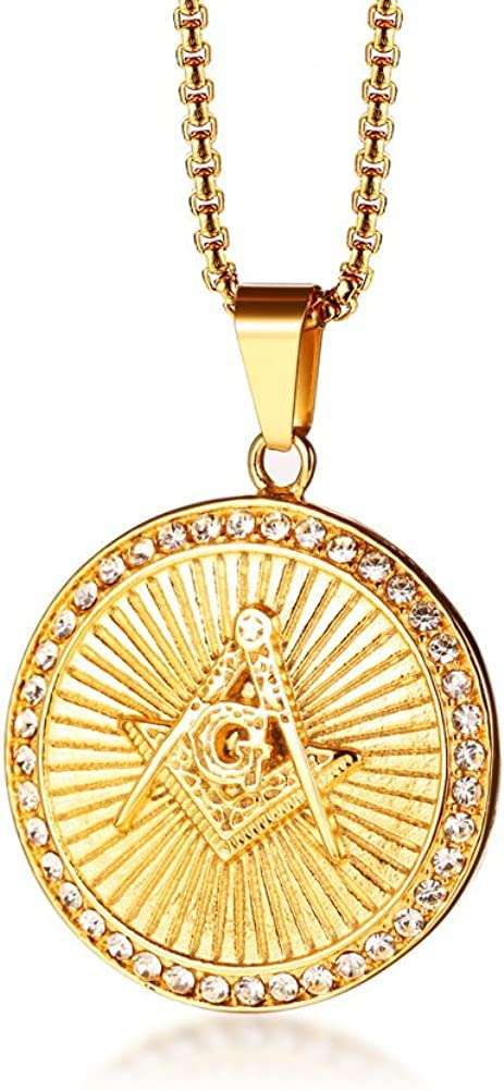Asma Jewel House Gold Plated Masonic Pendant Necklace for Men, Solid Crystal CZ, Stainless Steel Wheat Chain, Hypoallergenic, Lead & Nickel Free