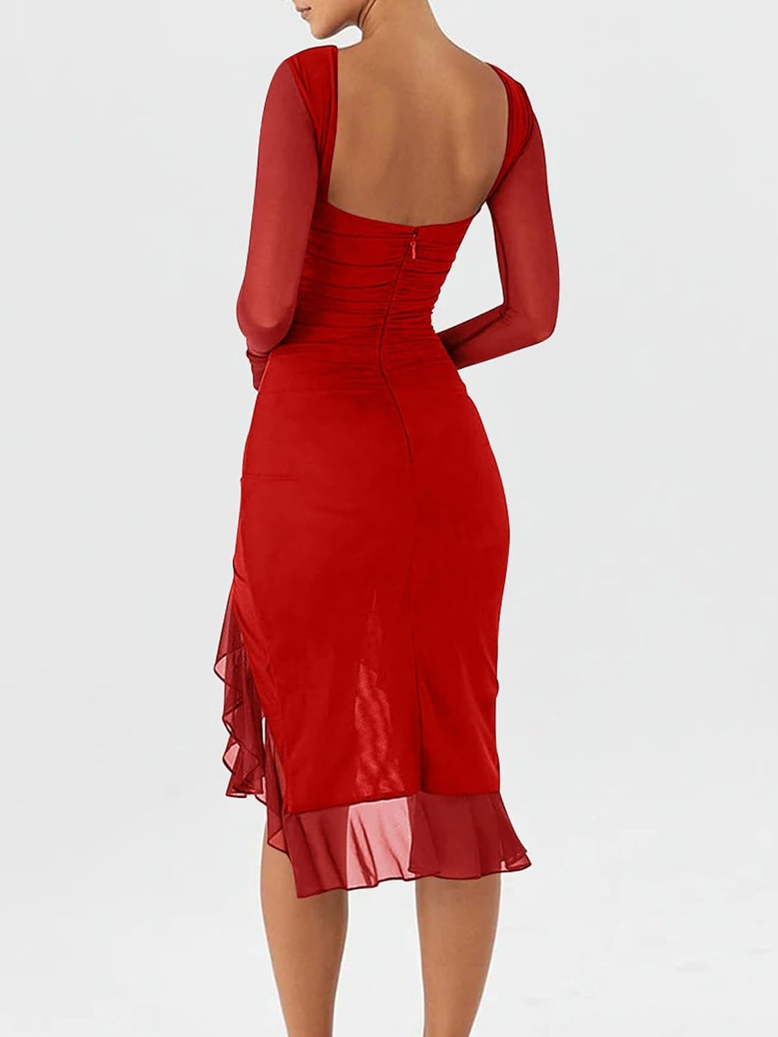 BORIFLORS Women's Sexy Ruched Bodycon Midi Dresses Elegant Mesh Long Sleeve Ruffle Hem Cocktail Party Dress - Image 3