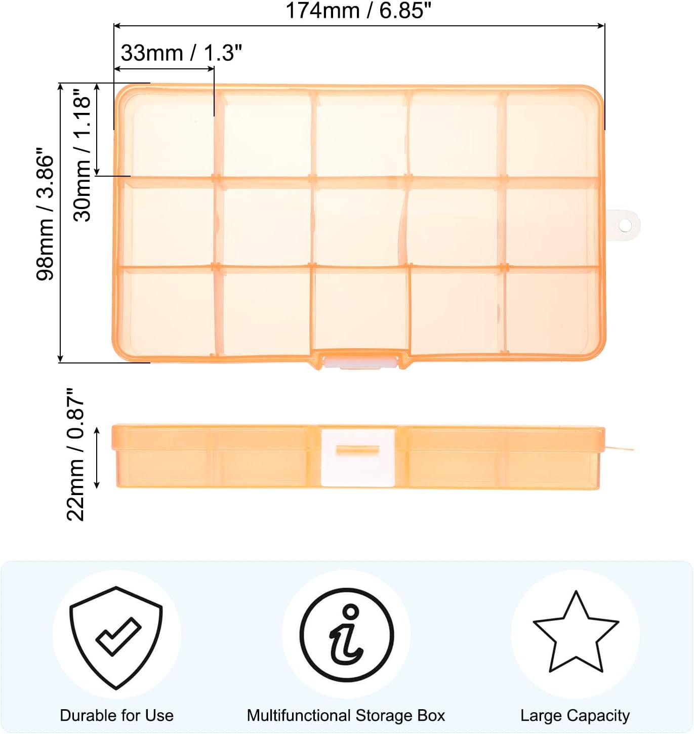 PATIKIL 6.9x4x1 Inch Nail Charm Organizer, 1 Pcs Craft Organizers and Storage Box Grids Clear Plastic Organizer Bead Organizer Art Crafts Jewelry Fishing Tools, Orange