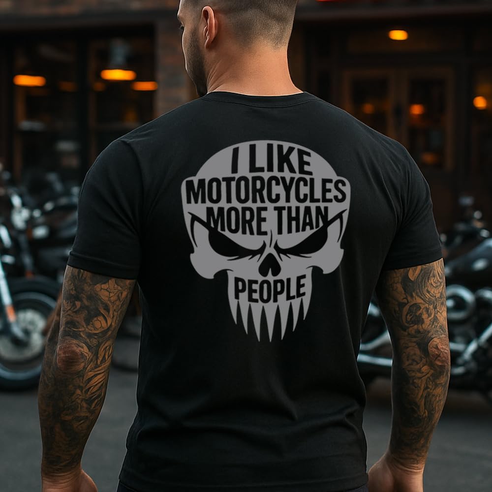 Maglietta da moto con teschio 'I Like Motorcycles More Than People', nero, design motociclista