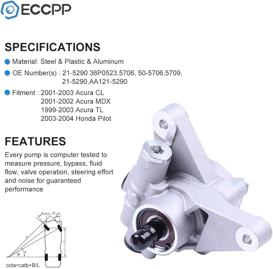 ECCPP Power Steering Pump fit for 2001-2003 for Acura CL, 1999-2003 for Acura TL, 3.2L, 2001-2002 for Acura MDX, 2004 2003 for Honda Pilot, 3.5L, Replace # 21-5290 Power Assist Pump Assembly