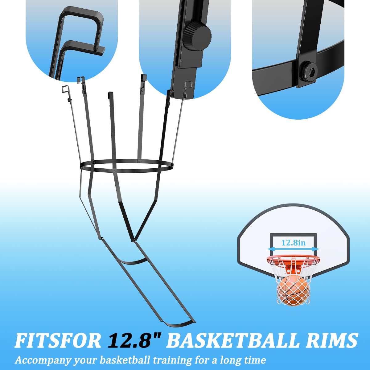 Basketball Rückkehr Aufsatz für Hoop Heavy Duty Basketball Rebounder mit 6 Haken, Basketball Zubehör für Indoor und Outdoor, Basketballkorb Rebounder für Solo Spielen und Üben, Metall, Schwarz